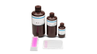 Three brown laboratory bottles in different sizes with Kementec Solutions TMB PLUS2-Prestained and ELISA Plate Blocking
