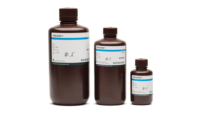 Three brown laboratory bottles in different sizes with Kementec Solutions TMB SENS